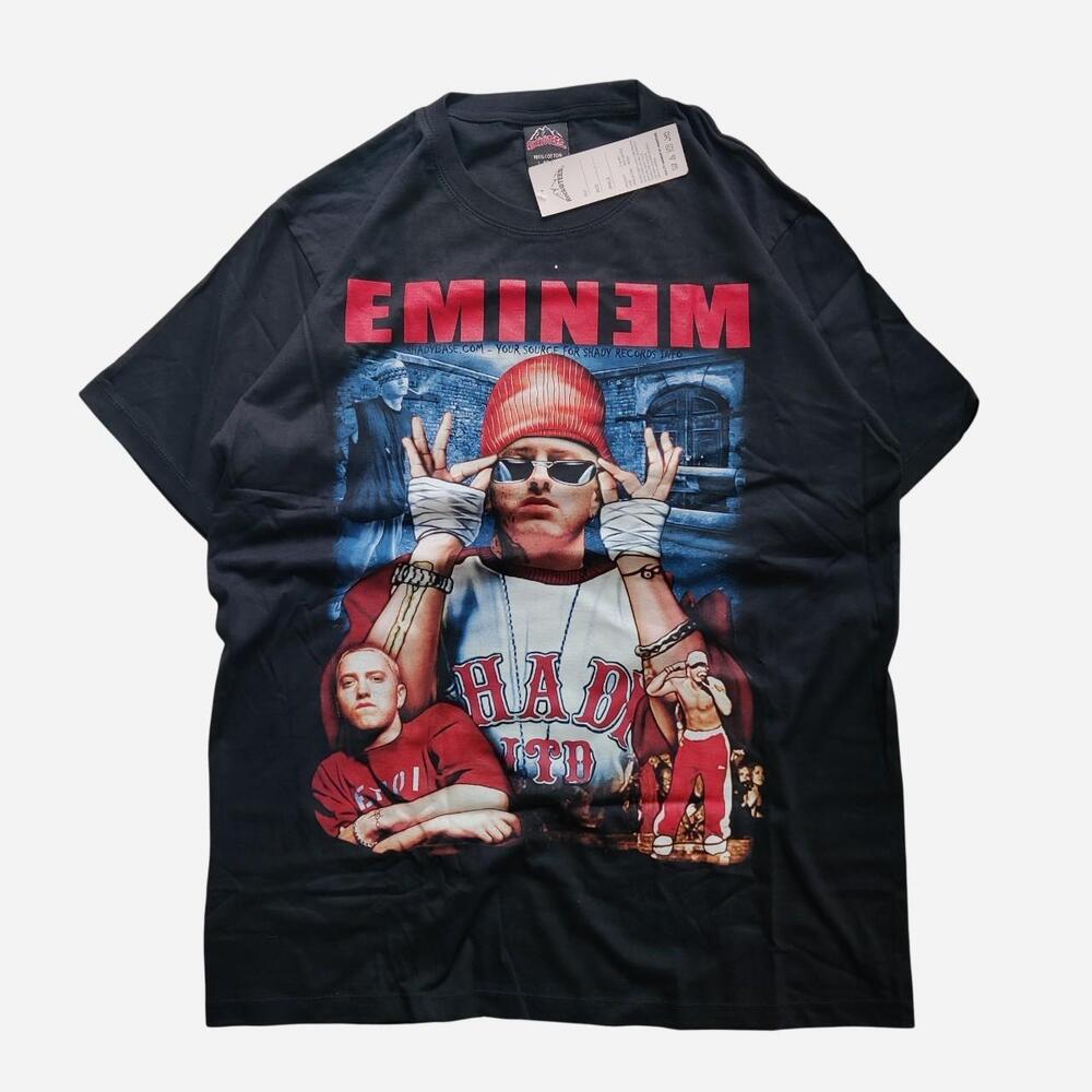 deadstock Eminem Graphic Rap Tee with graphic of a man in a red hat and sunglass